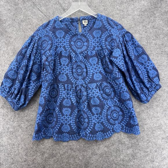Ivy Jane Embroidered Boho Top Size XS Blue Puff Sleeve Folk Peasant Cottagecore - Picture 5 of 10